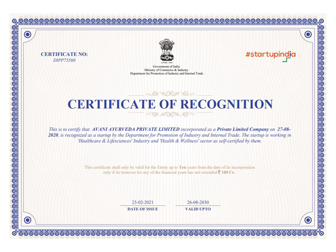 Startup Recognition Certifícate by Department for Promotion of Industry and Internal Trade (DPIIT) under the Ministry of Commerce and Industry