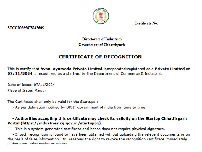 Startup Recognition Certificate by Department of Commerce & Industries, Government of Chhattisgarh